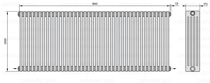 Схема (чертеж) Радиатор Zehnder Charleston 5250/40 №2670 Белый глянцевый RAL 9016